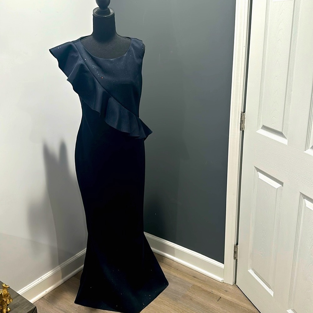 Jessica Howard Sparkly Navy Blue Long Gown with a Diagonal Ruffle, Size 12